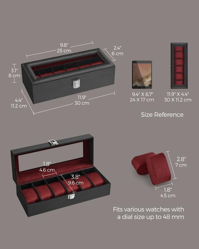 SONGMICS HOME Watch Box, Watch Case with Large Glass Lid, Removable Watch Pillows, Watch and Jewelry Box Organizer, Gift for Loved Ones