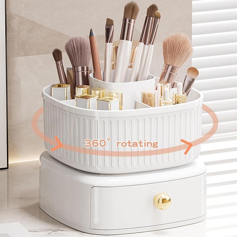 360° Rotating Makeup Brush Holder Organizer with Drawer, Cosmetic Makeup Organizers Countertop, Makeup organization and Skincare Storage for Vanity, Desktop, Bathroom (White) Boxes