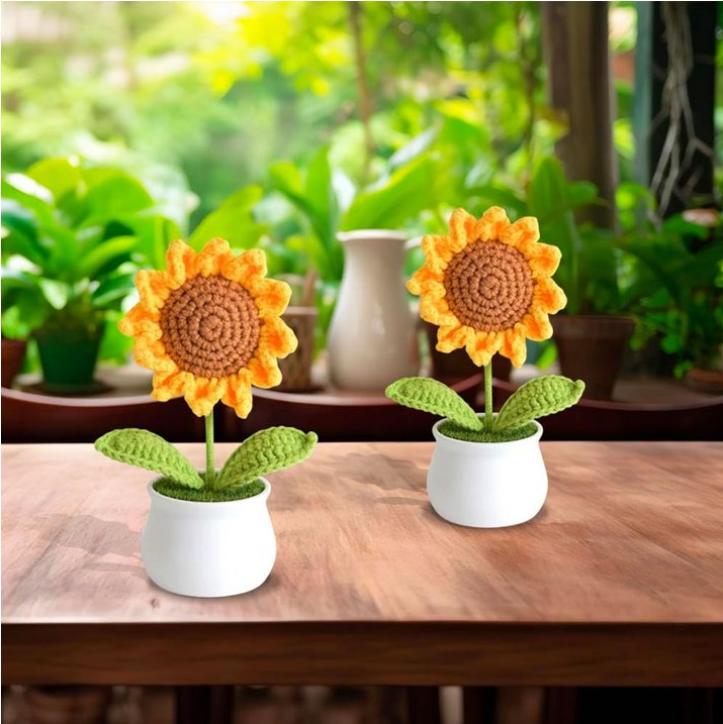 Crochet Sunflower Potted Plant Handmade Artificial Flowers Mini Sunflower Potted Plant Decoration Suitable for Car Dashboard Office