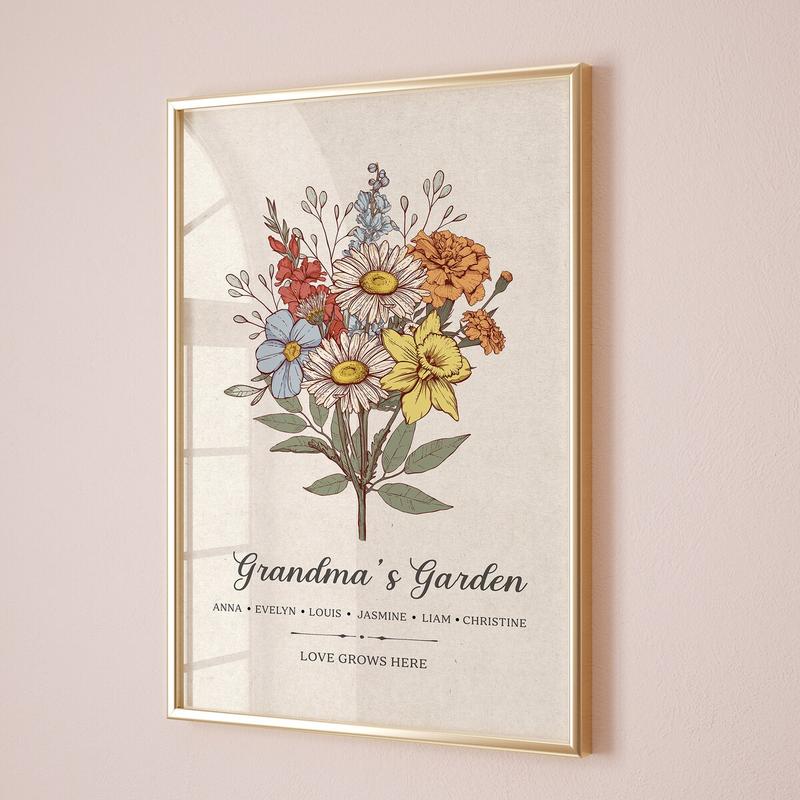 Grandma's Month Flower Garden Poster Wall Art, Mom Birthday Gift, Christmas Gift