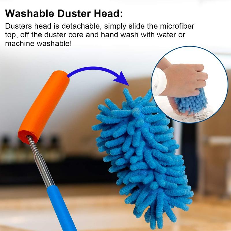 Microfiber Duster for Cleaning, Dusters with Telescoping Extension Pole, Extendable Washable Mini Dusters for Cleaning Supplies Car, Window, Furniture, Office (Blue and Grey)