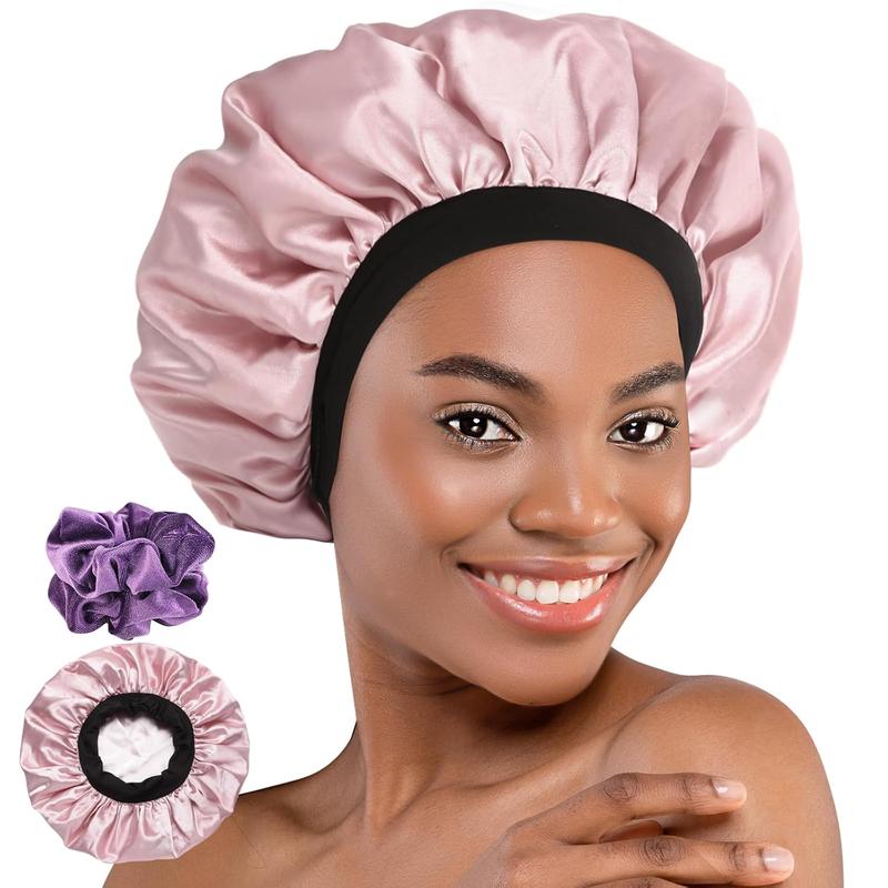 Bonnet, Adjustable Silk Satin Sleep Cap Hair Wrap for Women Men with Scrunchies Double Layer Lined Bonnets for Curly Braid Hair (Pink)