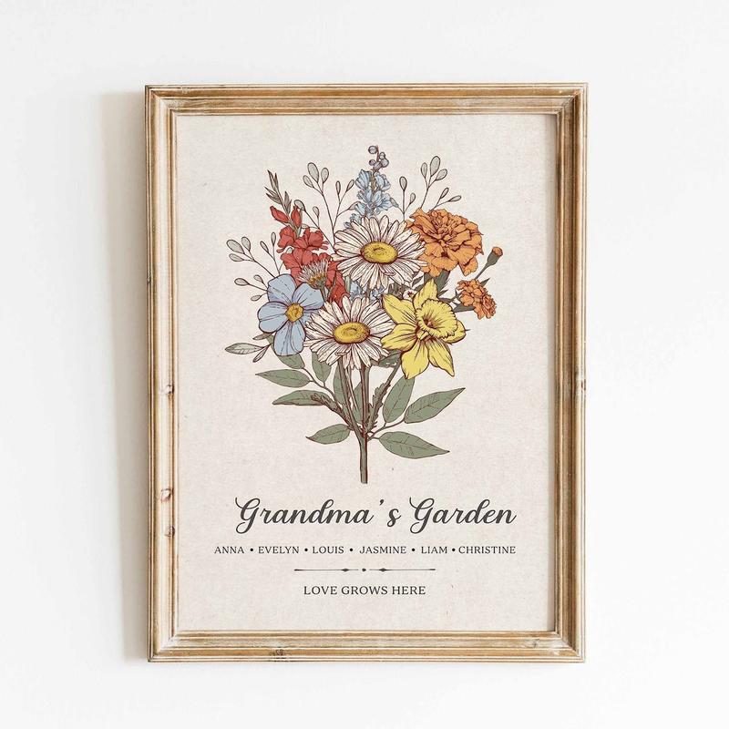 Grandma's Month Flower Garden Poster Wall Art, Mom Birthday Gift, Christmas Gift