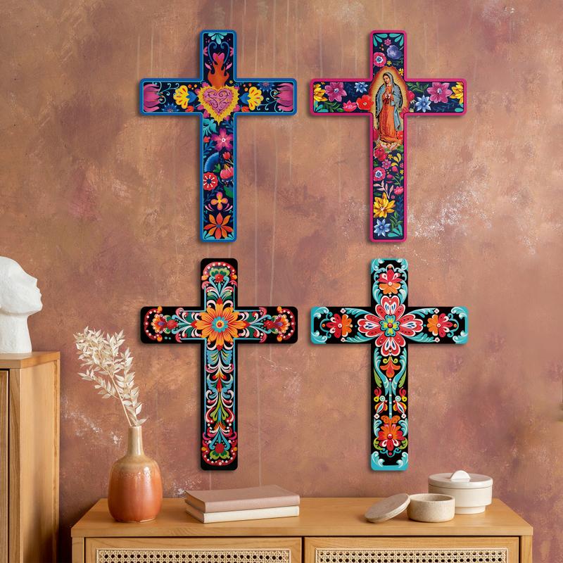 One Piece Mexican Cross Wood Wall Art Decoration, Day of the Dead Decoration Wooden Wall Hanging Ornament Cross, Suitable for Home Church Farmhouse, Size 15.9X11.8 Inches