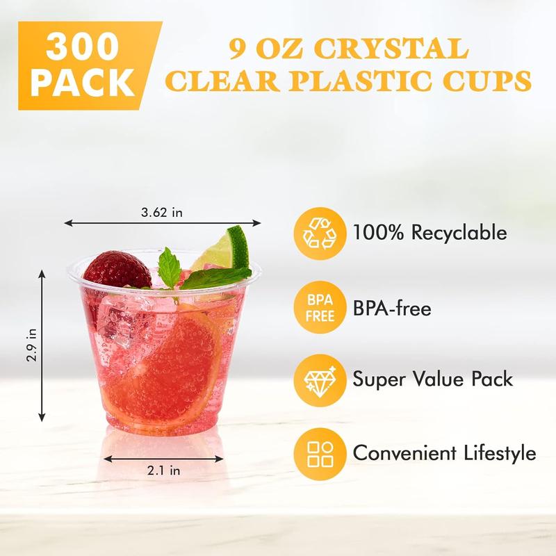 300 Pack 9 OZ Clear Plastic Cups, PET Crystal Clear Cups, 9 OZ Disposable Cold Drinking Plastic Cups, Perfect for Ice Coffee, Smoothie, Juice, and mixed beverage(No Lids)