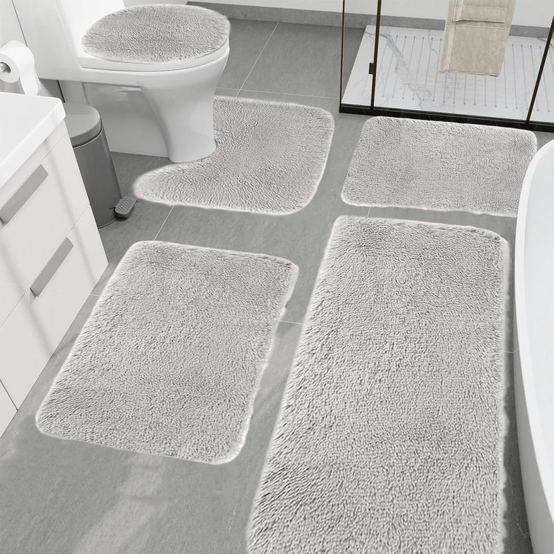 Bathroom Rug Set 5 Pieces Ultra Soft, Non Slip Chenille Bath Carpet, Absorbent Universal Soft Long Plush Shaggy Bath Mats for Bathroom, Toilet, Bedroom, Kitchen Machine Washable Easy To Dry Christmas Clearance Sale