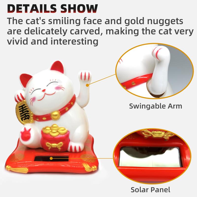 Lucky Cat Waving Arm Set, Vivid and Lovely Chinese Cat, Solar Fortune Cat Statue Decorations for Decorating Front Desk, Car, Business Openings, 2.95IN, White, 1PCS