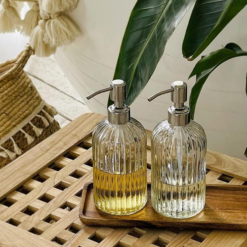 2PACK 18 Oz Glass Soap Dispenser with Rust Proof Stainless Steel Pump, Refillable Hand Soap Dispenser with Vertical Stripe,  Bathroom Soap Dispenser for Kitchen & Bathroom.