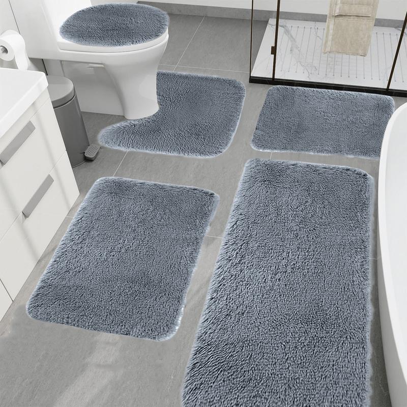 Bathroom Rug Set 5 Pieces Ultra Soft, Non Slip Chenille Bath Carpet, Absorbent Universal Soft Long Plush Shaggy Bath Mats for Bathroom, Toilet, Bedroom, Kitchen Machine Washable Easy To Dry Christmas Clearance Sale