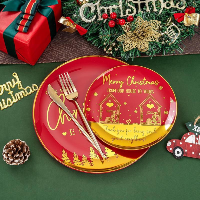 150PCS Christmas Plates Disposable, Christmas Plastic Plates with Diamond Rings & Heart Designs Include 30 Christmas Dinner Plates, 30 Christmas Dessert Plates and 90 Red Cutlery Set