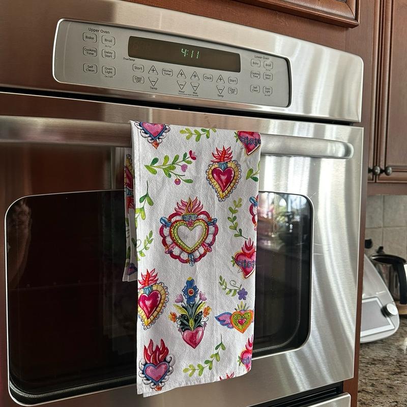 Milagritos Set of 2 Sacred Hearts Kitchen Towels. Hand kitchen towels for kitchen decor. Mexican home decor. Latin decor.