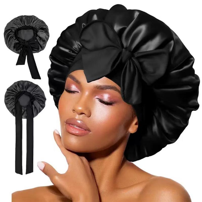 Satin Bonnet for Sleep with Tie Women Hair Care Grace Eeyae Silk Bonnet Black Reusable Cap for Shower sleeping