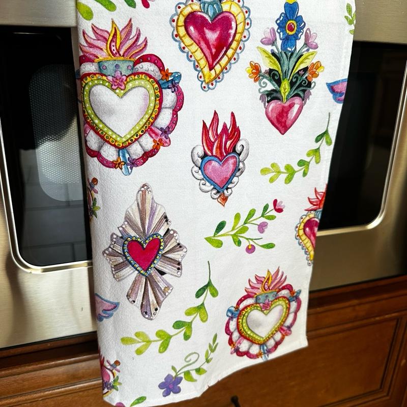 Milagritos Set of 2 Sacred Hearts Kitchen Towels. Hand kitchen towels for kitchen decor. Mexican home decor. Latin decor.