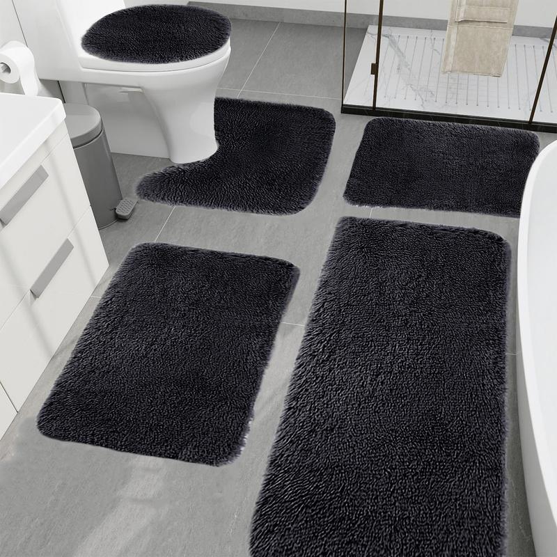 Bathroom Rug Set 5 Pieces Ultra Soft, Non Slip Chenille Bath Carpet, Absorbent Universal Soft Long Plush Shaggy Bath Mats for Bathroom, Toilet, Bedroom, Kitchen Machine Washable Easy To Dry Christmas Clearance Sale