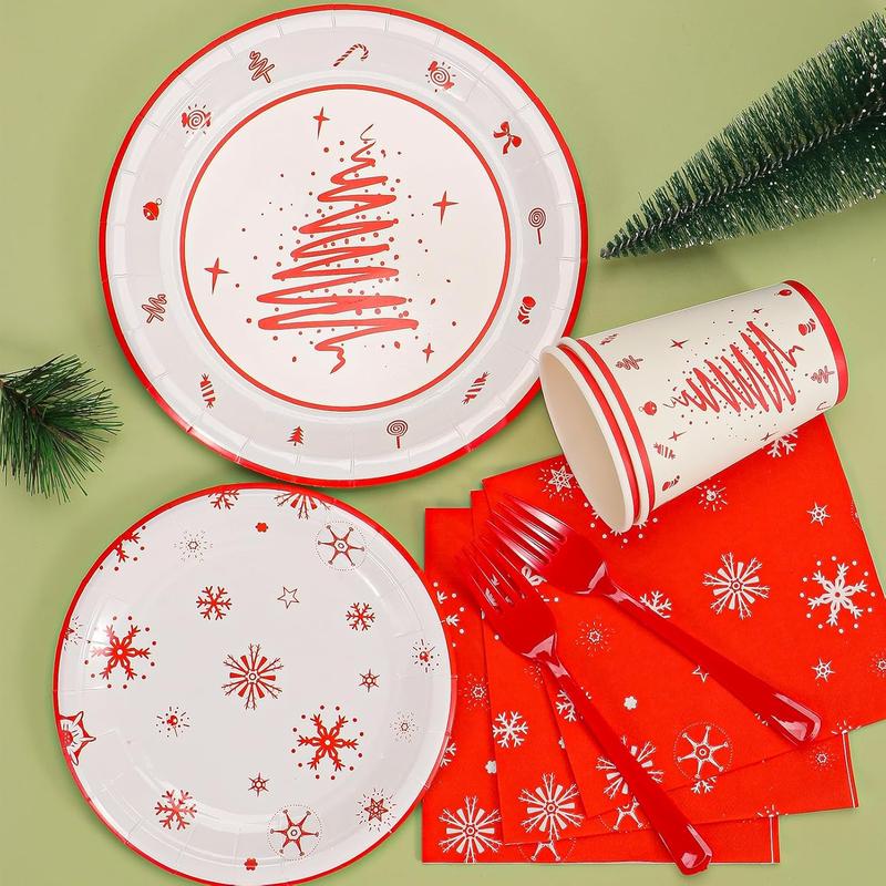 Christmas Party Supplies, Merry Christmas Plates and Napkins, Christmas Disposable Plates, 12oz Cups, Napkins and Cutlery for Birthday,  Shower, Xmas, Christmas Themed Parties Serves 24