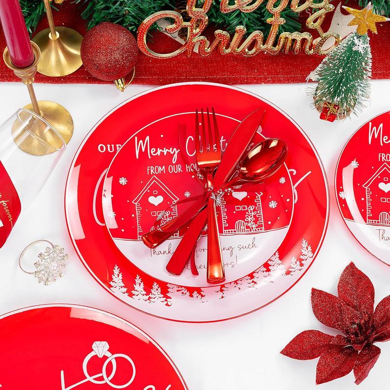 150PCS Christmas Plates Disposable, Christmas Plastic Plates with Diamond Rings & Heart Designs Include 30 Christmas Dinner Plates, 30 Christmas Dessert Plates and 90 Red Cutlery Set