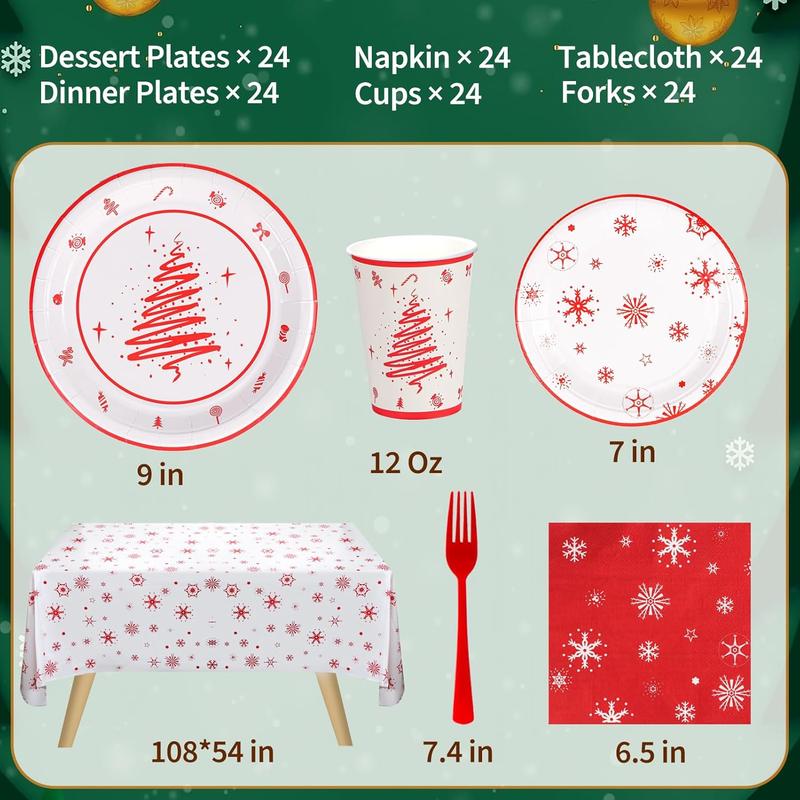 Christmas Party Supplies, Merry Christmas Plates and Napkins, Christmas Disposable Plates, 12oz Cups, Napkins and Cutlery for Birthday,  Shower, Xmas, Christmas Themed Parties Serves 24