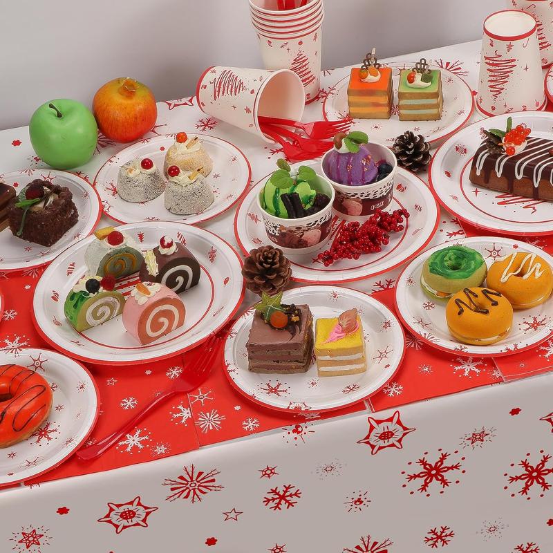 Christmas Party Supplies, Merry Christmas Plates and Napkins, Christmas Disposable Plates, 12oz Cups, Napkins and Cutlery for Birthday,  Shower, Xmas, Christmas Themed Parties Serves 24