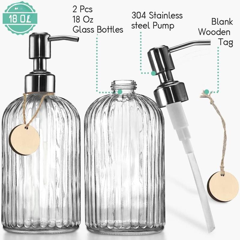 2PACK 18 Oz Glass Soap Dispenser with Rust Proof Stainless Steel Pump, Refillable Hand Soap Dispenser with Vertical Stripe,  Bathroom Soap Dispenser for Kitchen & Bathroom.