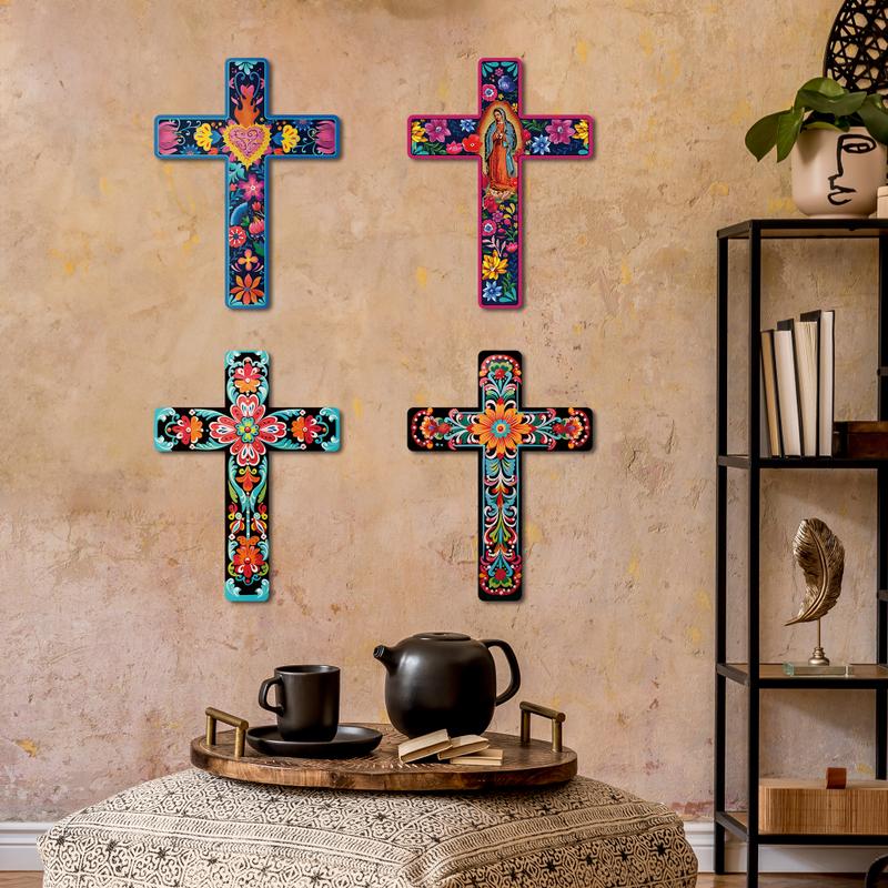 One Piece Mexican Cross Wood Wall Art Decoration, Day of the Dead Decoration Wooden Wall Hanging Ornament Cross, Suitable for Home Church Farmhouse, Size 15.9X11.8 Inches