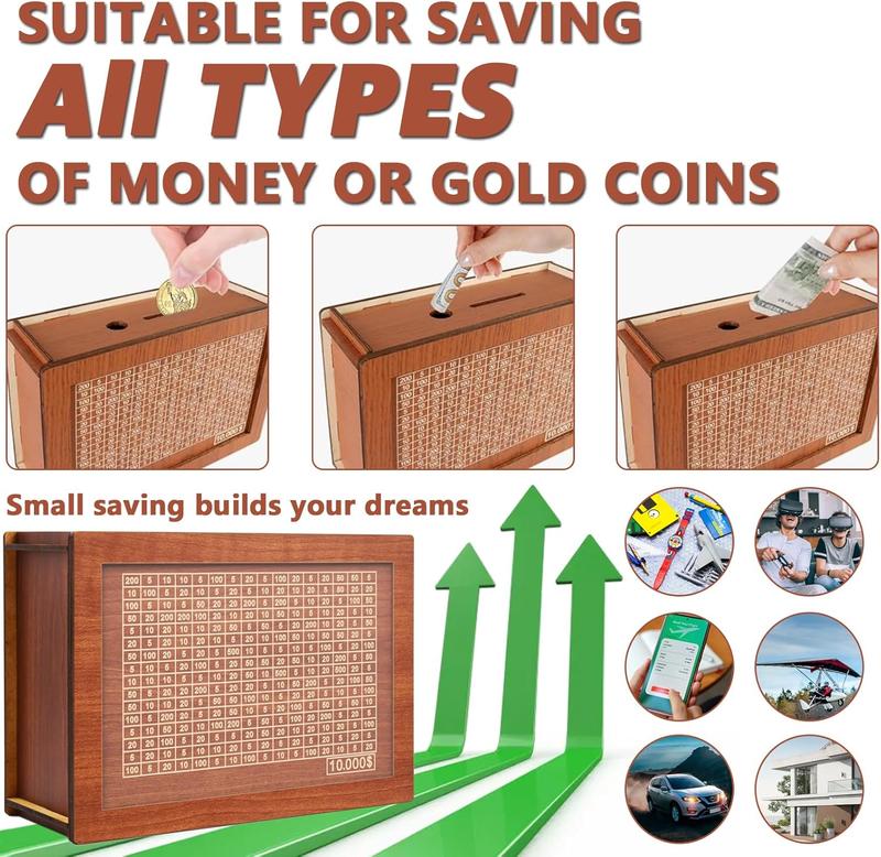 Cash Money Saving Box, Wooden Cash Saving Box, Wooden Money Box with Money Target and Numbers, Savings Challenges Money Box with Counter, Cash Savings Box, Cash Saver Box, Piggy Bank for Savings Goal