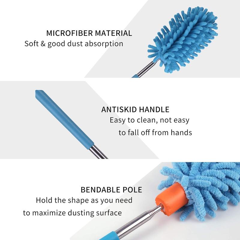 Microfiber Duster for Cleaning, Dusters with Telescoping Extension Pole, Extendable Washable Mini Dusters for Cleaning Supplies Car, Window, Furniture, Office (Blue and Grey)