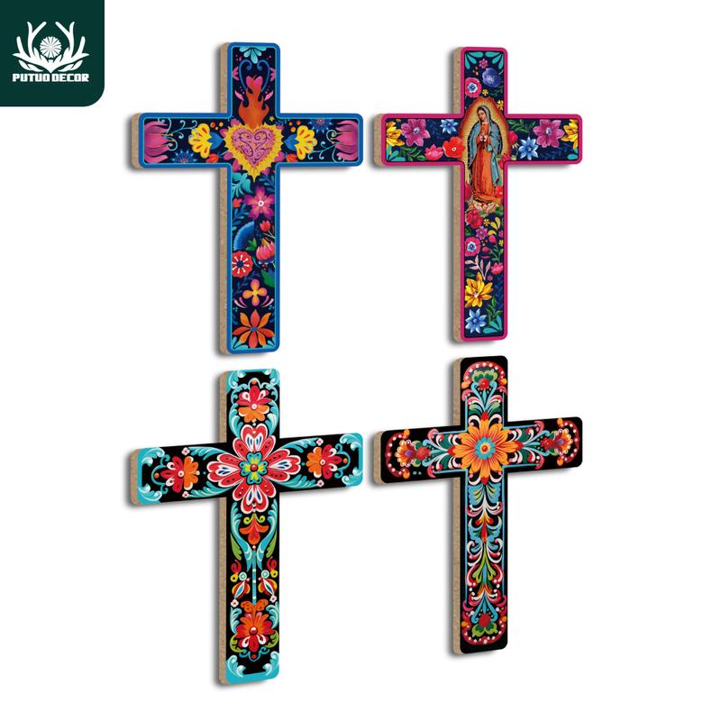 One Piece Mexican Cross Wood Wall Art Decoration, Day of the Dead Decoration Wooden Wall Hanging Ornament Cross, Suitable for Home Church Farmhouse, Size 15.9X11.8 Inches