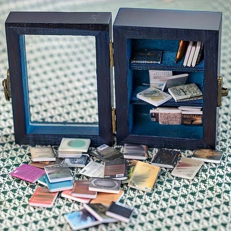 Creative Anxiety Bookshelf Ornament Mini Bookshelf Dollhouse Bookshelf with 60pcs Mini Books, Wooden Display Miniature Bookshelf Decor Shake Away Your Anxiety, Home Decoration for Book Lovers Unique Anxiety-Relief Christmas and Valentine's Day Gifts