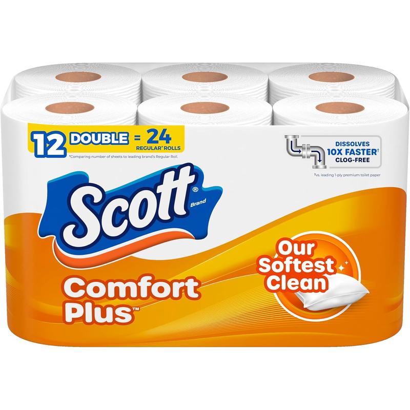 Scott Comfortplus Toilet Paper, 12 Double Rolls, 231 Sheets per Roll, Septic-Safe, 1-Ply Toilet Tissue Scott