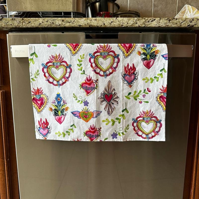 Milagritos Set of 2 Sacred Hearts Kitchen Towels. Hand kitchen towels for kitchen decor. Mexican home decor. Latin decor.