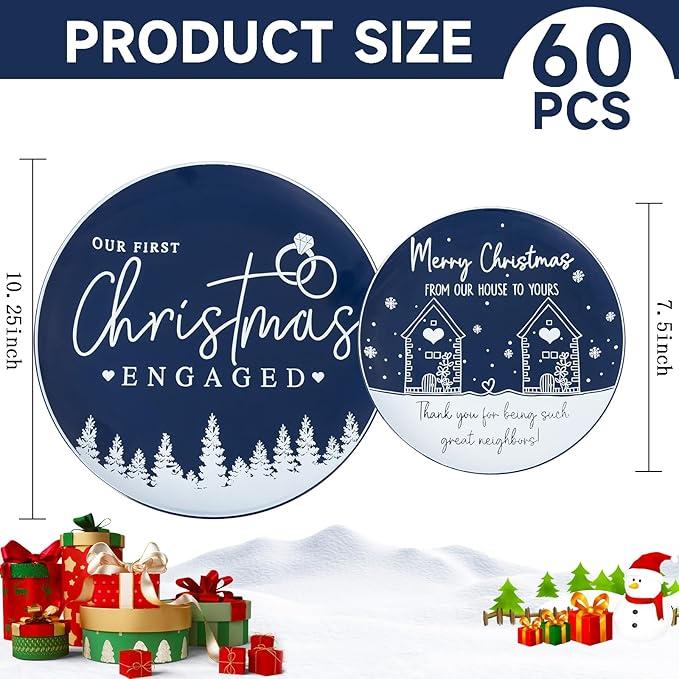 150PCS Christmas Plates Disposable, Christmas Plastic Plates with Diamond Rings & Heart Designs Include 30 Christmas Dinner Plates, 30 Christmas Dessert Plates and 90 Red Cutlery Set