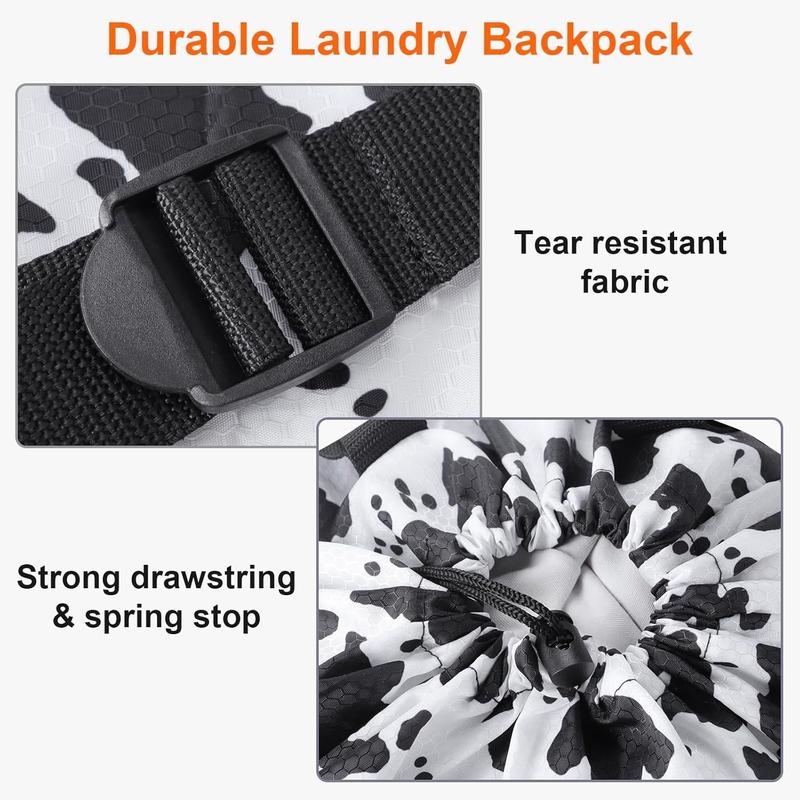 Laundry Bag Backpack Durable Laundry Bag with  Straps and Mesh Pockets Portable Laundry Dirty Clothes Hamper Bag for College Dorm (Cow Print)