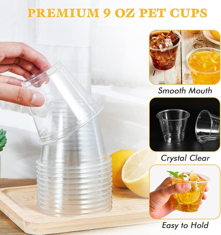 300 Pack 9 OZ Clear Plastic Cups, PET Crystal Clear Cups, 9 OZ Disposable Cold Drinking Plastic Cups, Perfect for Ice Coffee, Smoothie, Juice, and mixed beverage(No Lids)