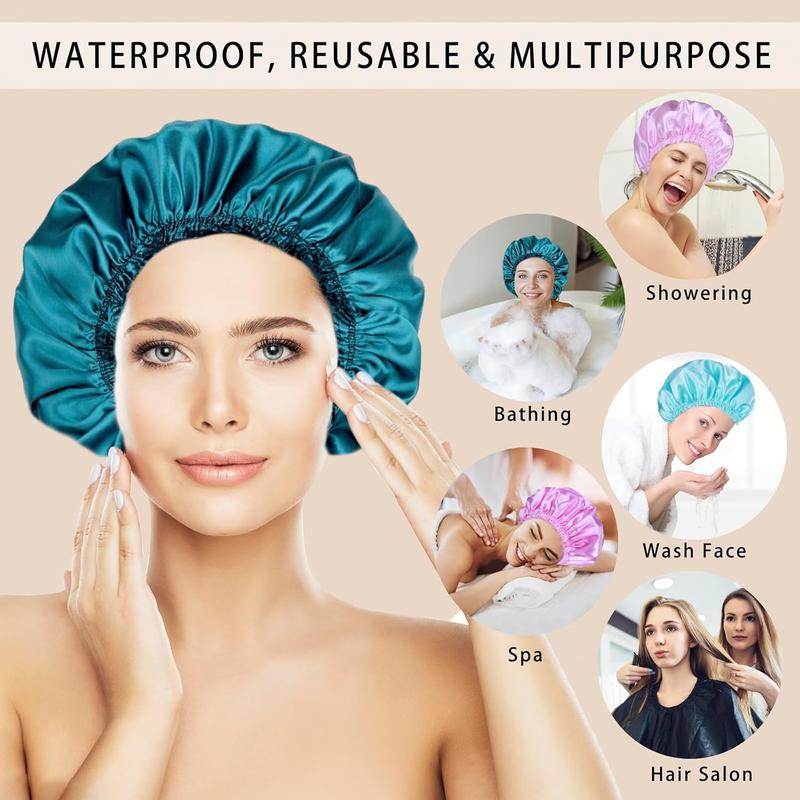 Shower Caps for Women, 4 count Elastic and Reusable Bath Caps, Double Waterproof Layers Shower Cap, Bathing Shower Caps, Environmental Protection Hair Bath Hat - Solid Color