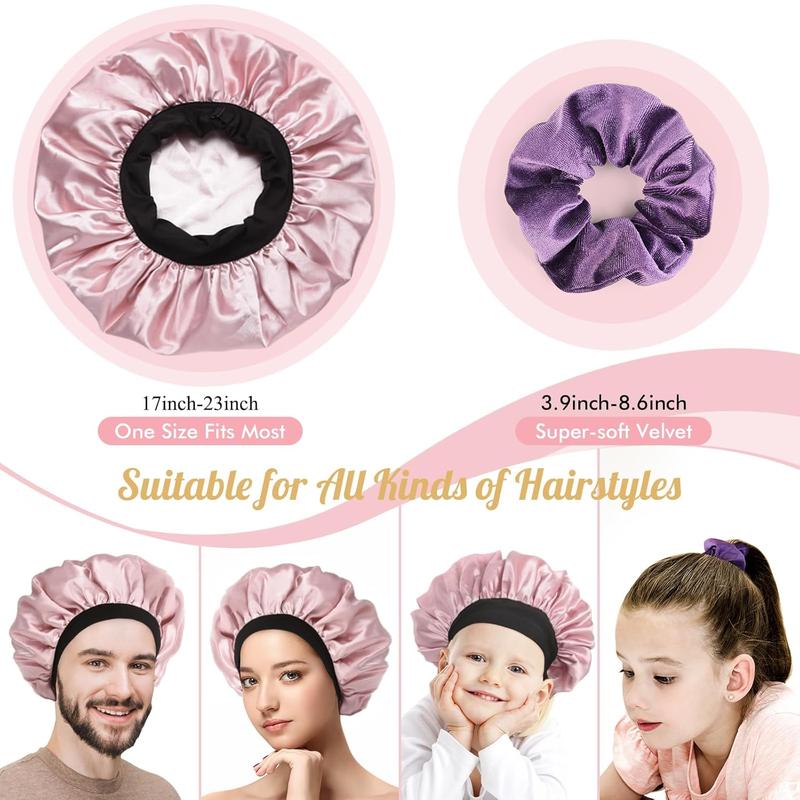 Bonnet, Adjustable Silk Satin Sleep Cap Hair Wrap for Women Men with Scrunchies Double Layer Lined Bonnets for Curly Braid Hair (Pink)