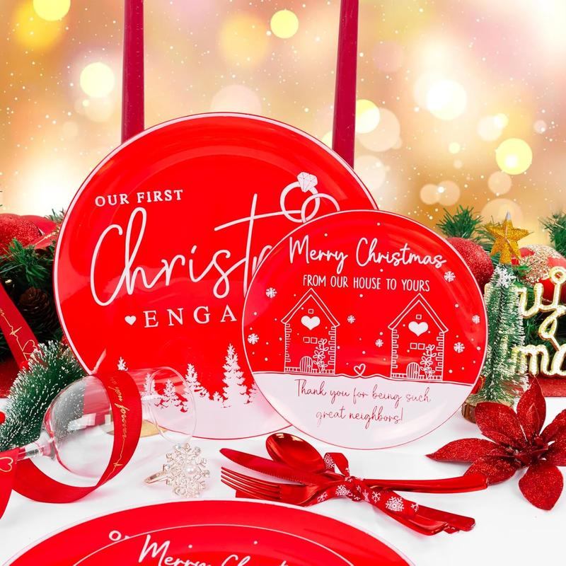 150PCS Christmas Plates Disposable, Christmas Plastic Plates with Diamond Rings & Heart Designs Include 30 Christmas Dinner Plates, 30 Christmas Dessert Plates and 90 Red Cutlery Set