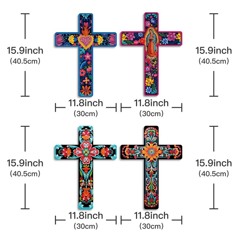 One Piece Mexican Cross Wood Wall Art Decoration, Day of the Dead Decoration Wooden Wall Hanging Ornament Cross, Suitable for Home Church Farmhouse, Size 15.9X11.8 Inches