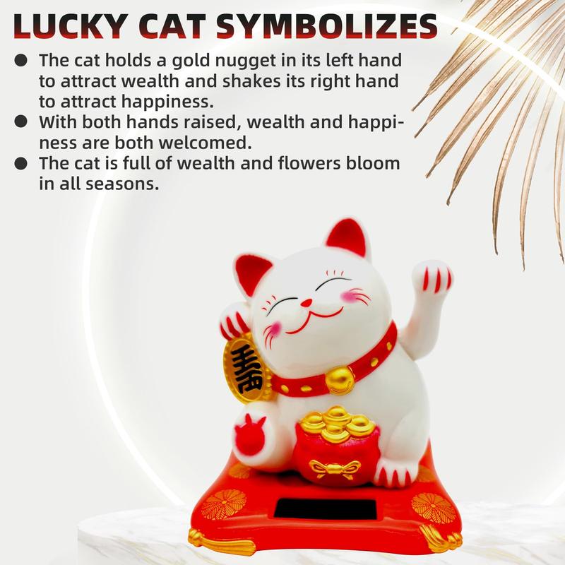 Lucky Cat Waving Arm Set, Vivid and Lovely Chinese Cat, Solar Fortune Cat Statue Decorations for Decorating Front Desk, Car, Business Openings, 2.95IN, White, 1PCS