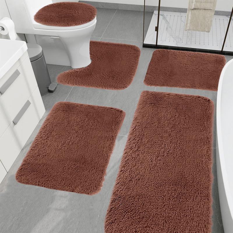 Bathroom Rug Set 5 Pieces Ultra Soft, Non Slip Chenille Bath Carpet, Absorbent Universal Soft Long Plush Shaggy Bath Mats for Bathroom, Toilet, Bedroom, Kitchen Machine Washable Easy To Dry Christmas Clearance Sale