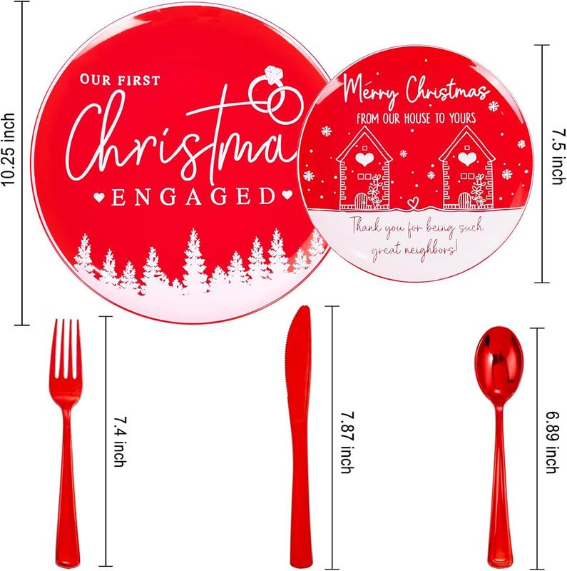 150PCS Christmas Plates Disposable, Christmas Plastic Plates with Diamond Rings & Heart Designs Include 30 Christmas Dinner Plates, 30 Christmas Dessert Plates and 90 Red Cutlery Set