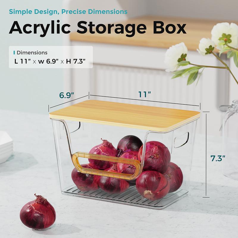 Oylik 2 Set Pantry Organizers and Storage,Potato Onion Storage Bin,Open Front More Easy Access Clear Storage with Bamboo Top ,Stackable Storage Fruit Vegetable Basket for Kitchen Counter Storage