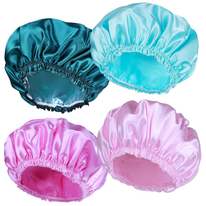 Shower Caps for Women, 4 count Elastic and Reusable Bath Caps, Double Waterproof Layers Shower Cap, Bathing Shower Caps, Environmental Protection Hair Bath Hat - Solid Color