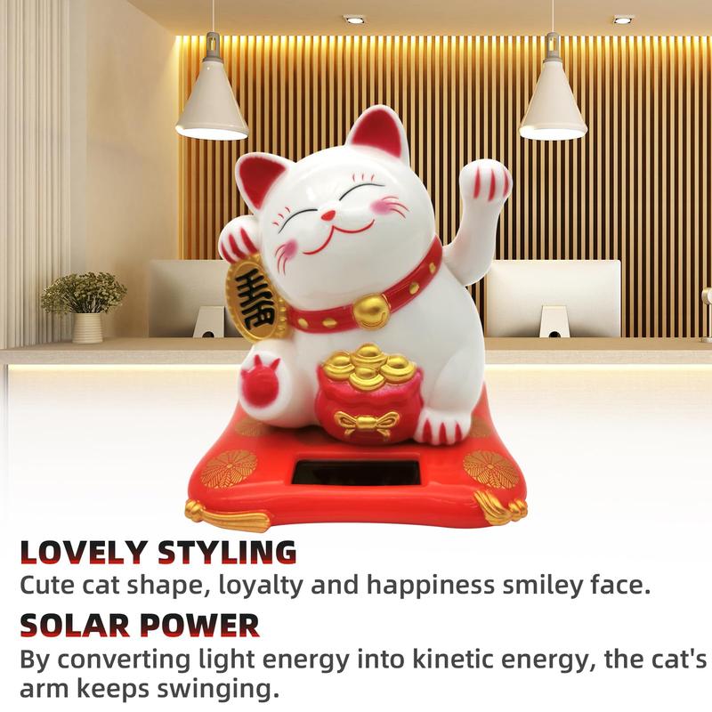 Lucky Cat Waving Arm Set, Vivid and Lovely Chinese Cat, Solar Fortune Cat Statue Decorations for Decorating Front Desk, Car, Business Openings, 2.95IN, White, 1PCS