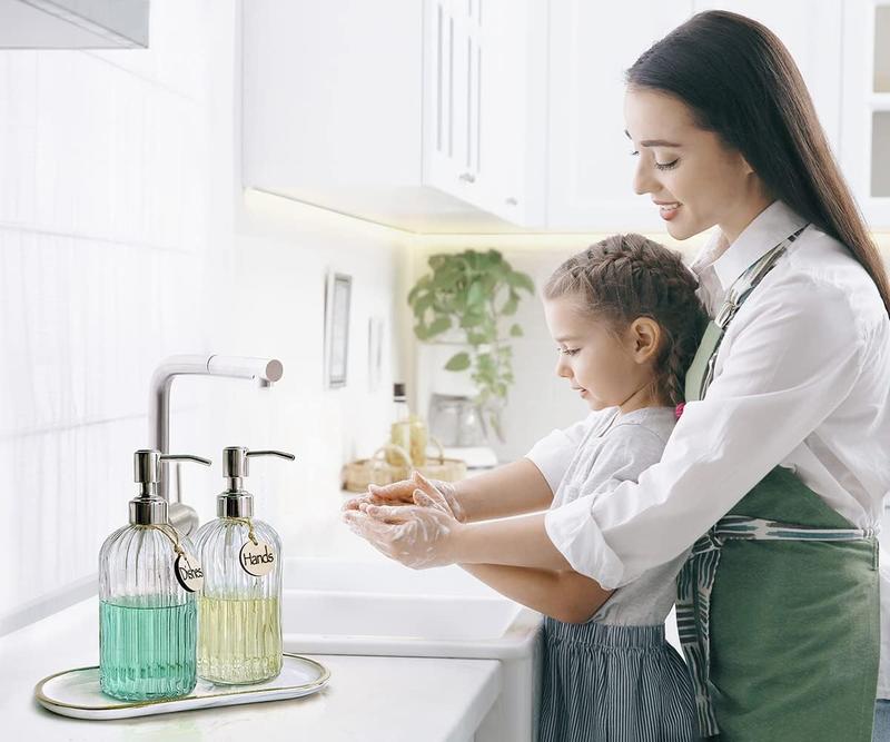 2PACK 18 Oz Glass Soap Dispenser with Rust Proof Stainless Steel Pump, Refillable Hand Soap Dispenser with Vertical Stripe,  Bathroom Soap Dispenser for Kitchen & Bathroom.