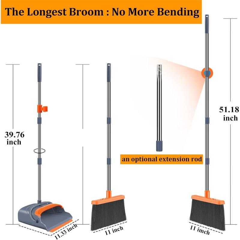 Upgrade Broom and Dustpan Set, Self-Cleaning with Dustpan Teeth, Indoor&Outdoor Sweeping, Ideal for Dog Cat Pets Home Use, Stand Up Broom and Dustpan (Gray&Orange)