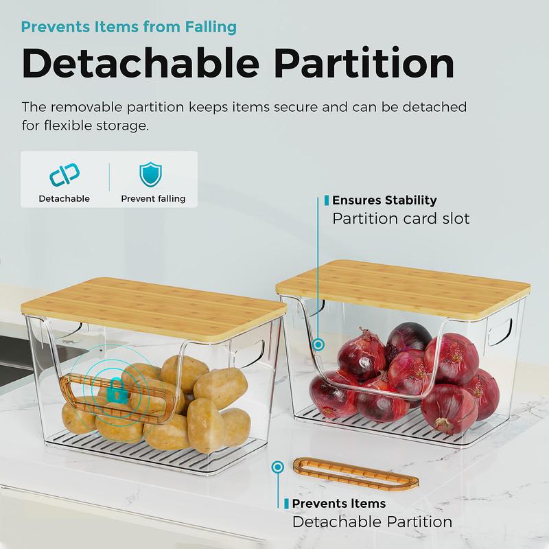 Oylik 2 Set Pantry Organizers and Storage,Potato Onion Storage Bin,Open Front More Easy Access Clear Storage with Bamboo Top ,Stackable Storage Fruit Vegetable Basket for Kitchen Counter Storage