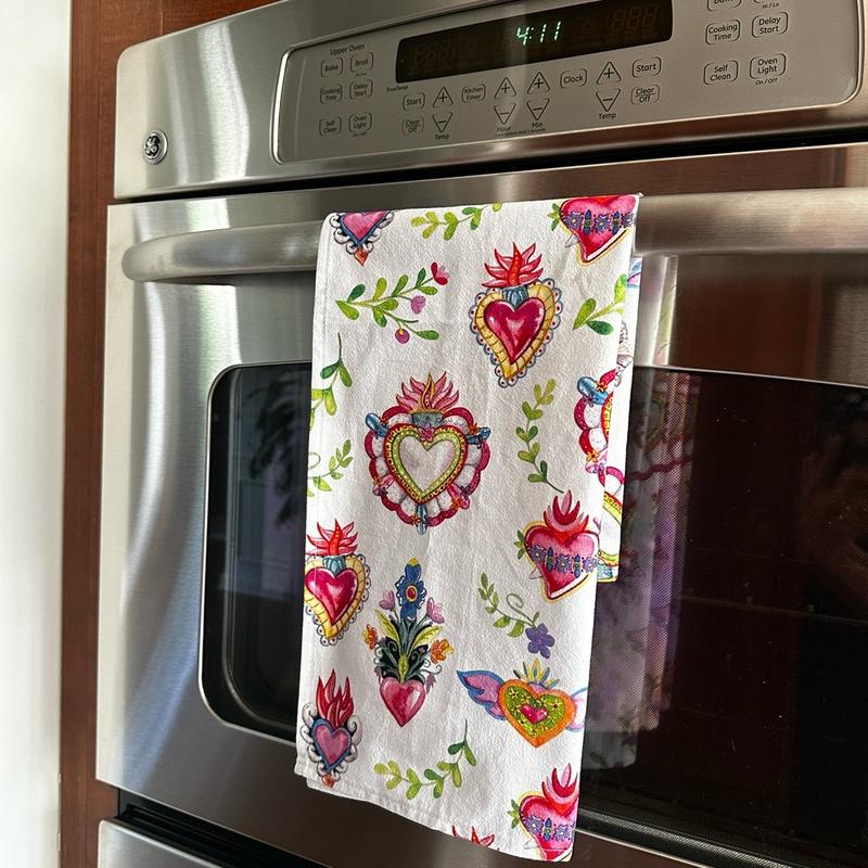 Milagritos Set of 2 Sacred Hearts Kitchen Towels. Hand kitchen towels for kitchen decor. Mexican home decor. Latin decor.