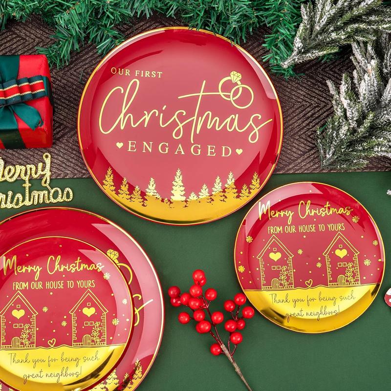 150PCS Christmas Plates Disposable, Christmas Plastic Plates with Diamond Rings & Heart Designs Include 30 Christmas Dinner Plates, 30 Christmas Dessert Plates and 90 Red Cutlery Set