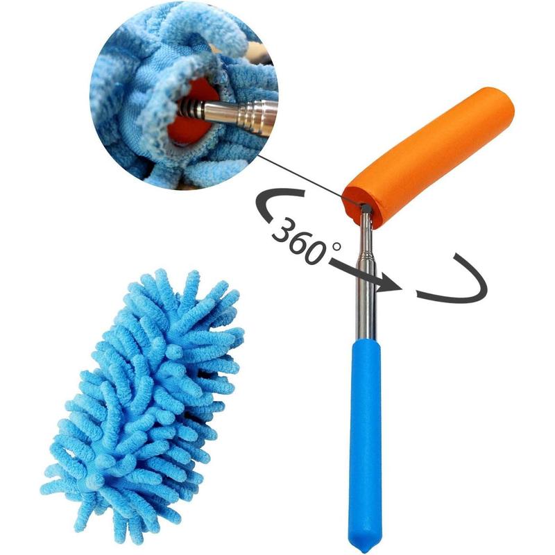 Microfiber Duster for Cleaning, Dusters with Telescoping Extension Pole, Extendable Washable Mini Dusters for Cleaning Supplies Car, Window, Furniture, Office (Blue and Grey)