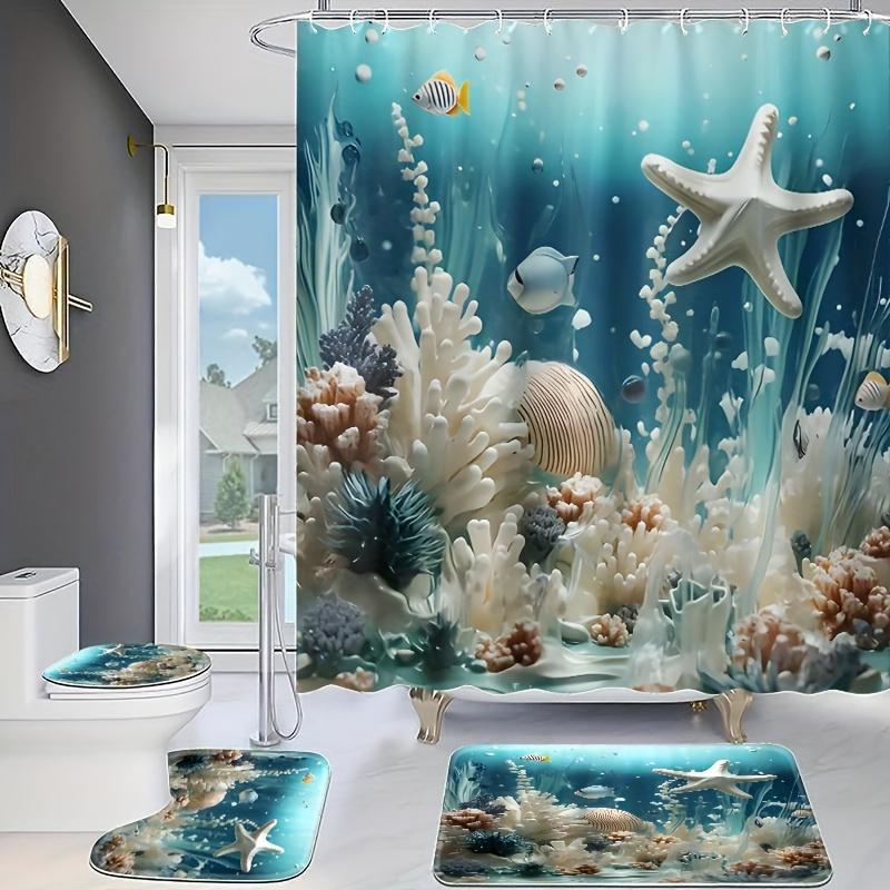 HOT 1 4pcs Ocean Breeze Blue Coral Print Shower Curtain Set - Water-Resistant  Non-Slip  Decorative Bathroom Essentials With 12 Hooks - Polyester  Unlined  Grommet Top  Woven Weave  All-Season Bathroom Accessories For Home Decoration